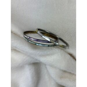 3 VTG Multicolor Shell Inlay Bangle Set Womens Stackable Brass Boho Bracelets
